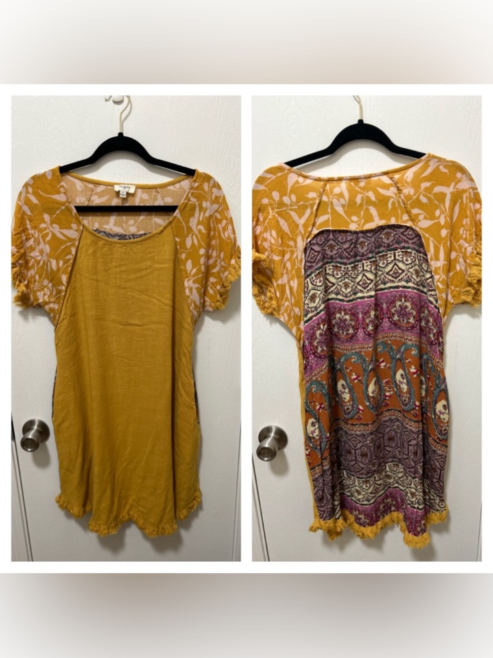 Umgee Goldenrod Mixed Print Yellow Dress Tunic Linen/Cotton Blend Size M Boho